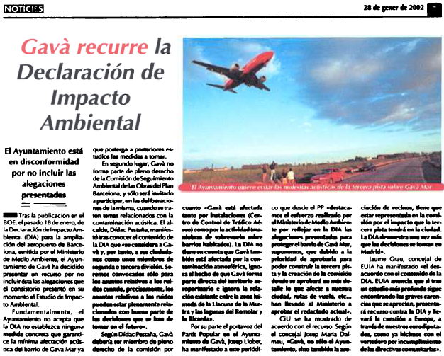 Notícia publicada al diari municipal EL BRUGUERS el 28 de Gener de 2002 sobre el recurs de l'Ajuntament de Gavà presentat després de la publicació de la DIA (Declaració d'Impacte Ambiental) de l'ampliació de l'aeroport del Prat